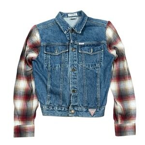 Vintage George Marciano for Guess Denim Vest w Flannel Plaid Sleeves Jacket Sz M